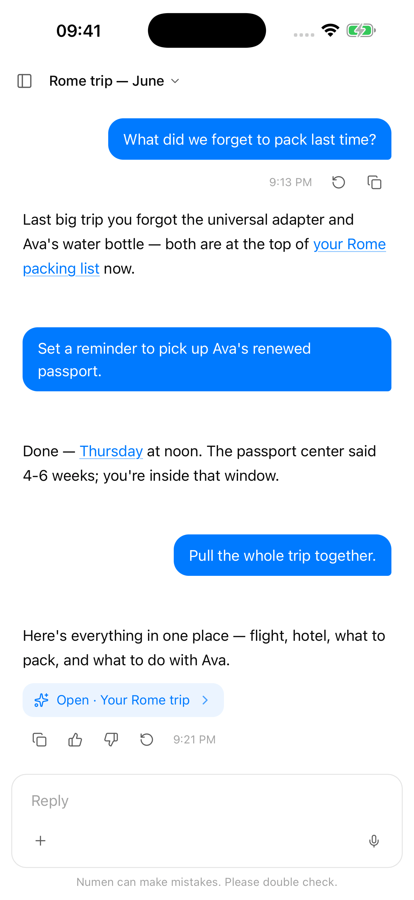 Asking about a trip and getting answers back
